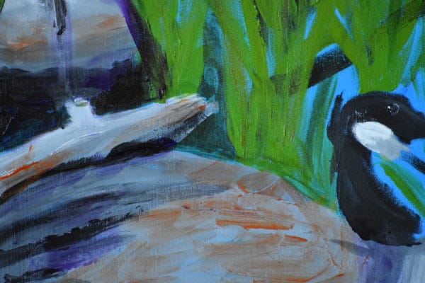 Close-up of Reeds and driftwood beside the lake provide a safe resting place for two geese. Mountain Woodland. Pinetop, AZ. Blue, green, gray. Large Painting by artist Donald Ryker in textured expressionist impressionist art style with unique impasto glaze technique.