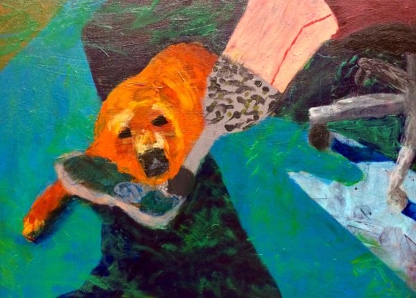 A service dog rests his head on the prosthetic foot of his owner while waiting for office work to be finished. Teal, orange, grey. Large Painting by artist Donald Ryker in textured expressionist impressionist art style with unique impasto glaze technique.