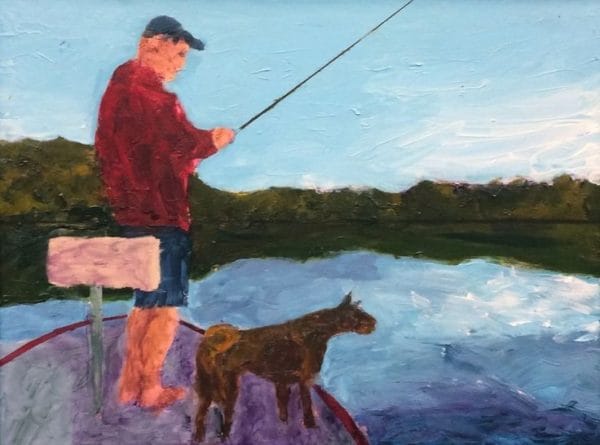 A fisherman and his dog on the bow of a boat on a sunny day with the reflection of the mountains and clear blue sky on the lake water. Mountain. Blue, green, red, purple. Large Painting by artist Donald Ryker in textured expressionist impressionist art style with unique impasto glaze technique.