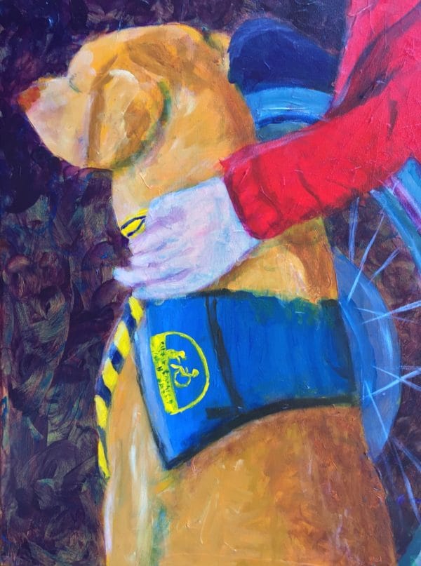 A person in a manual wheelchair rests her hand on her golden service dog. Gold, Blue, Purple, Red. Large Painting by artist Donald Ryker in textured expressionist impressionist art style with unique impasto glaze technique.