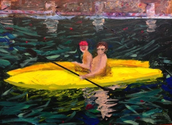 Two kayakers at Penn Valley Lake with brick pathway in the background. Mountain Forest. Hunter green, yellow. Large Painting by artist Donald Ryker in textured expressionist impressionist art style with unique impasto glaze technique.