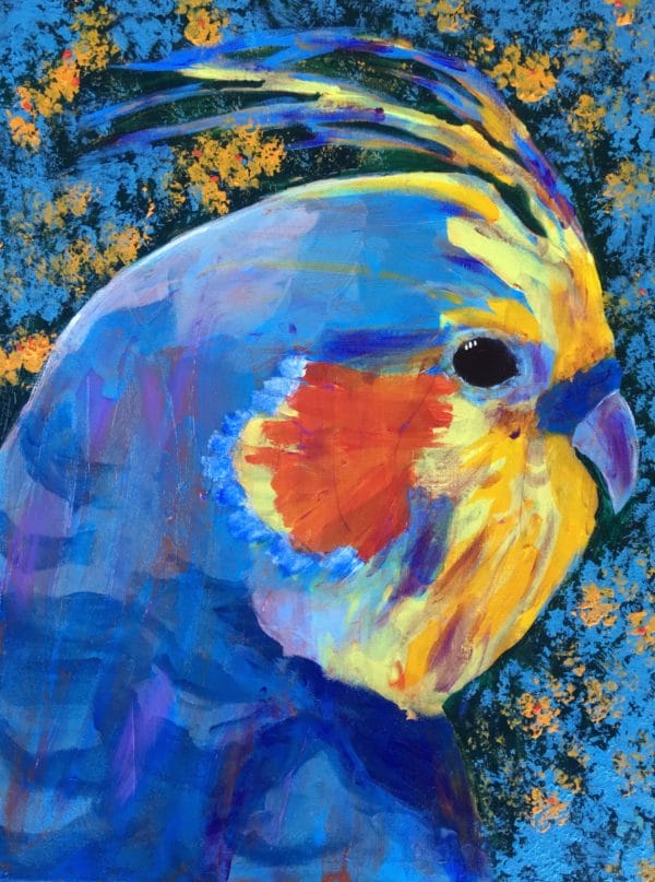 Profile of a bright blue and yellow cockatiel agains flowering foliage. Jungle. Tropical. Blue, Orange, Yellow, Green. Large Painting by artist Donald Ryker in textured expressionist impressionist art style with unique impasto glaze technique.