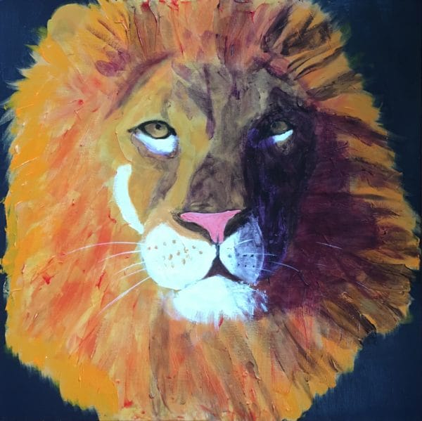 A lion is lit by sunlight on one side of his face with the other side shadowed. Jungle. Orange, Purple, White, Black. Large Painting by artist Donald Ryker in textured expressionist impressionist art style with unique impasto glaze technique.