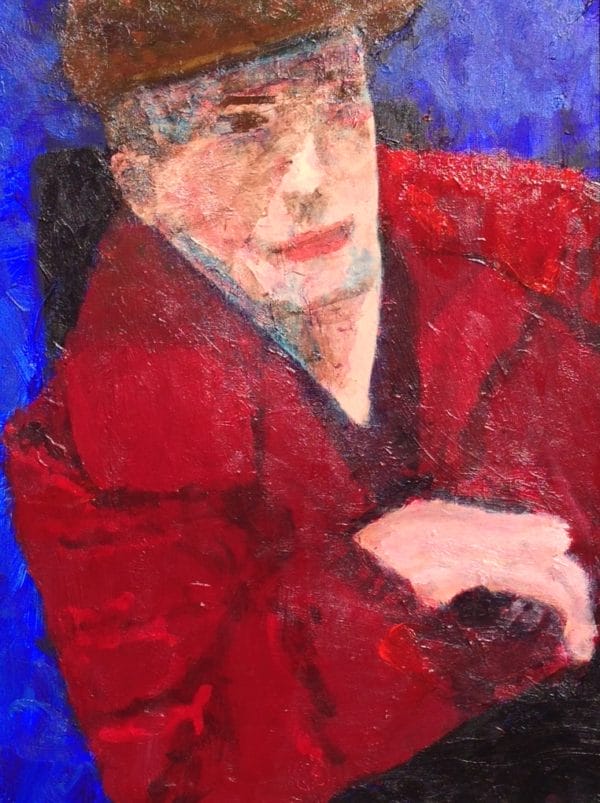 Donald Ryker's self portrait - sitting in his electric wheelchair with a red jacket and cap. Red, Blue. Large Painting by artist Donald Ryker in textured expressionist impressionist art style with unique impasto glaze technique.