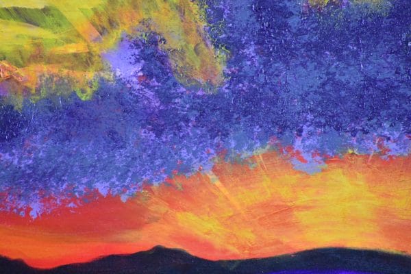 Close-up of A rising sun creates streaks of sunlight through purple clouds and sky as the rising sun reflects across the water. Purple, Orange, Yellow, White. Large Painting by artist Donald Ryker in textured expressionist impressionist art style with unique impasto glaze technique.