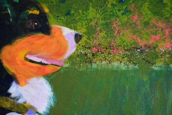 Close-up of A Bernese mountain dog puppy and adult sit on a grassy lawn with impressionist coral flowers in the background. Blue, Orange, White, Green, Yellow. Large Painting by artist Donald Ryker in textured expressionist impressionist art style with unique impasto glaze technique.