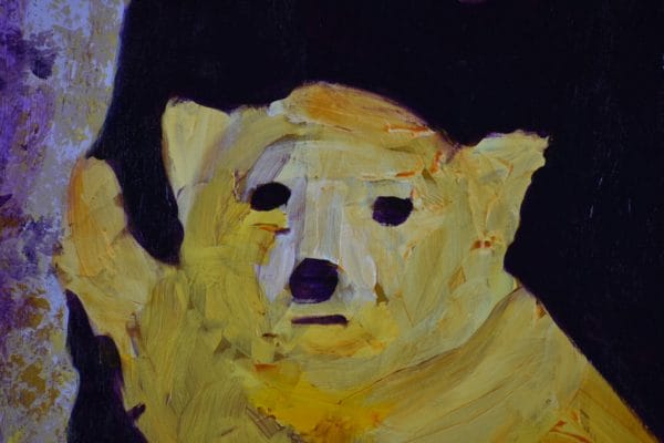 Close-up of A golden bear sits in the sun outside a cave with his mother in the shadows watching protectively. Mountain. Yellow, purple. Large Painting by artist Donald Ryker in textured expressionist impressionist art style with unique impasto glaze technique.