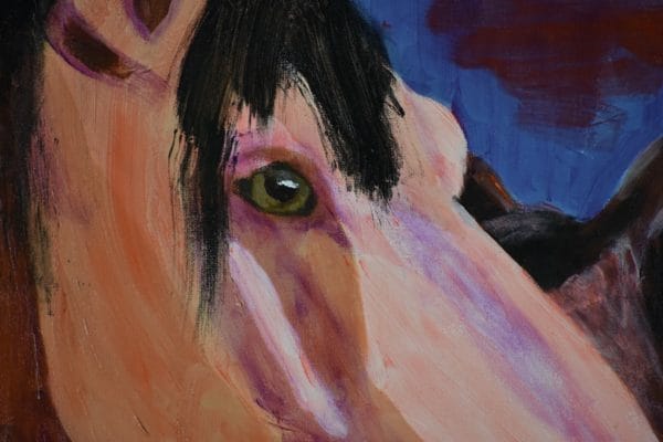 Close-up of A horse bending it's head around a smaller horse who is standing close. Shades of brown with a blue background. Western. Orange, Purple, Brown, Black. Large Painting by artist Donald Ryker in textured expressionist impressionist art style with unique impasto glaze technique.