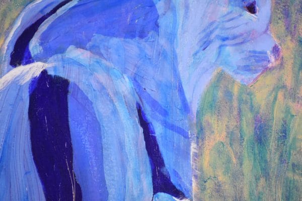 Close-up of A bobcat in shades of blue looks over a mountain canyon. Mountain. Blue, teal. Large Painting by artist Donald Ryker in textured expressionist impressionist art style with unique impasto glaze technique.