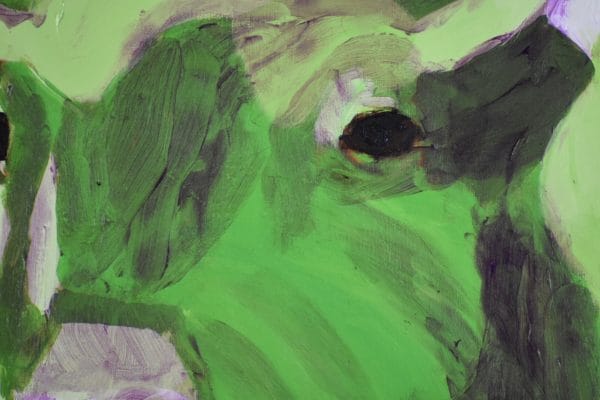 Close-up of A green buffalo with curved horns lifts his head alertly. Terra cotta background. Large Painting by artist Donald Ryker in textured expressionist impressionist art style with unique impasto glaze technique.