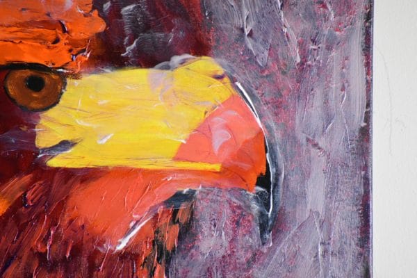 Close-up of A stern looking orange toned Hawk in profile with mists swirling about. Mountain. Orange, red, yellow. Large Painting by artist Donald Ryker in textured expressionist impressionist art style with unique impasto glaze technique.