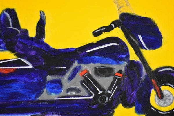 Close-up of a Blue Full Dress Harley Davidson motorcycle on a yellow background. Large Painting by artist Donald Ryker in textured expressionist impressionist art style with unique impasto glaze technique.