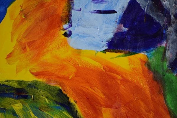 Close-up of A profile view of a colorful joyful blue orange and yellow parrot with a green background. Jungle. Tropical. Large Painting by artist Donald Ryker in textured expressionist impressionist art style with unique impasto glaze technique.