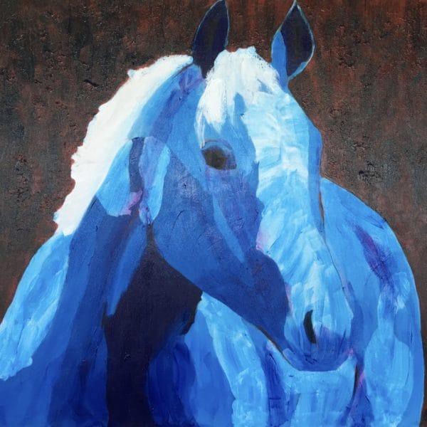 A gentle horse in tints of blue and white with a dark muted background. Western. Large Painting by artist Donald Ryker in textured expressionist impressionist art style with unique impasto glaze technique.