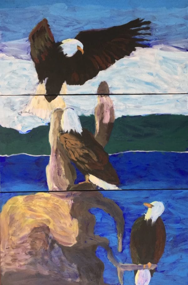 Three eagles on driftwood with ocean, forest, and snow covered mountains in the background. Three panels. Mountain. Blue, green, neutrals. Large Painting by artist Donald Ryker in textured expressionist impressionist art style with unique impasto glaze technique.