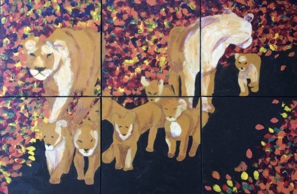 Two mothers and their seven cubs walk down a path surrounded by autumn leaves. Mountain. Ochre, Black, orange, red, yellow. Large Painting by artist Donald Ryker in textured expressionist impressionist art style with unique impasto glaze technique.