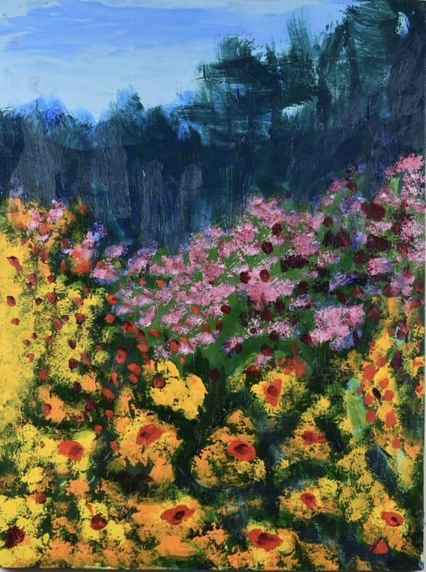 A valley full of golden and fuchsia flowers with a background of forested mountains and blue skies. Yellow, red, pink, hunter green, blue. Large Painting by artist Donald Ryker in textured expressionist impressionist art style with unique impasto glaze technique.