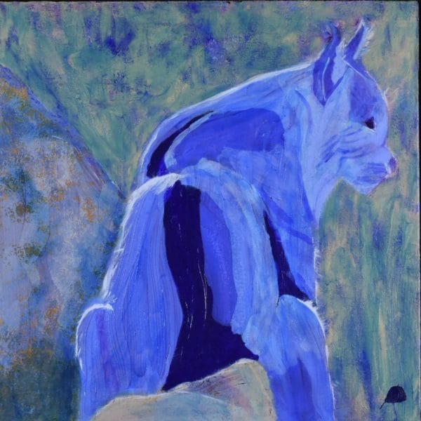 A bobcat in shades of blue looks over a mountain canyon. Mountain. Blue, teal. Large Painting by artist Donald Ryker in textured expressionist impressionist art style with unique impasto glaze technique.