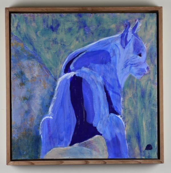 Framed View of A bobcat in shades of blue looks over a mountain canyon. Mountain. Blue, teal. Large Painting by artist Donald Ryker in textured expressionist impressionist art style with unique impasto glaze technique.