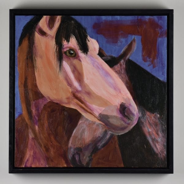 Framed view of A horse bending it's head around a smaller horse who is standing close. Shades of brown with a blue background. Western. Orange, Purple, Brown, Black. Large Painting by artist Donald Ryker in textured expressionist impressionist art style with unique impasto glaze technique.