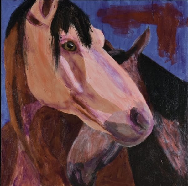 A horse bending it's head around a smaller horse who is standing close. Shades of brown with a blue background. Western. Orange, Purple, Brown, Black. Large Painting by artist Donald Ryker in textured expressionist impressionist art style with unique impasto glaze technique.