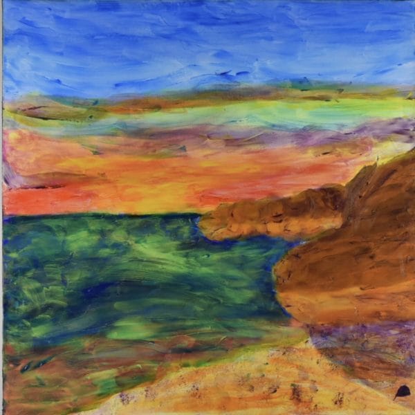 A rocky coast with high water marks circles the deep blue ocean with a glowing sunset, blue skies and a sandy beach foreground. Blue, Orange, Yellow, Purple. Large Painting by artist Donald Ryker in textured expressionist impressionist art style with unique impasto glaze technique.