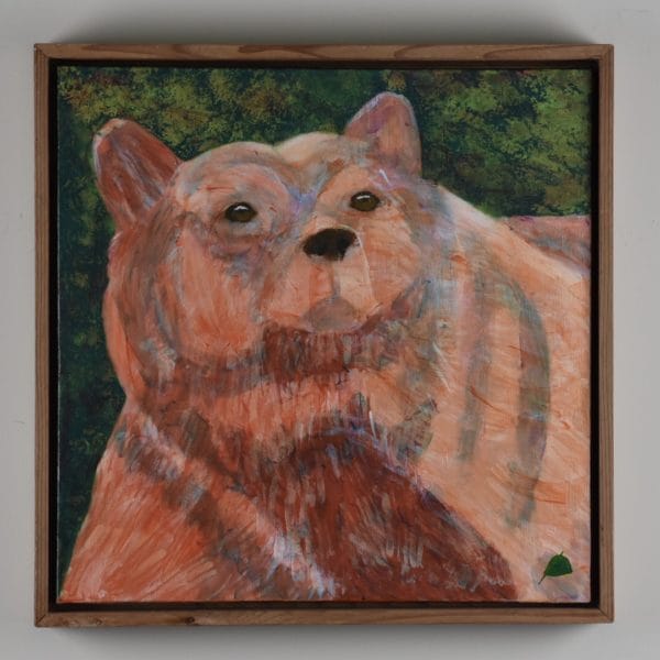 Framed View of An alaskan bear with massive shoulders and neck walks on the shoreline. Mountain. Orange, Green. Large Painting by artist Donald Ryker in textured expressionist impressionist art style with unique impasto glaze technique.