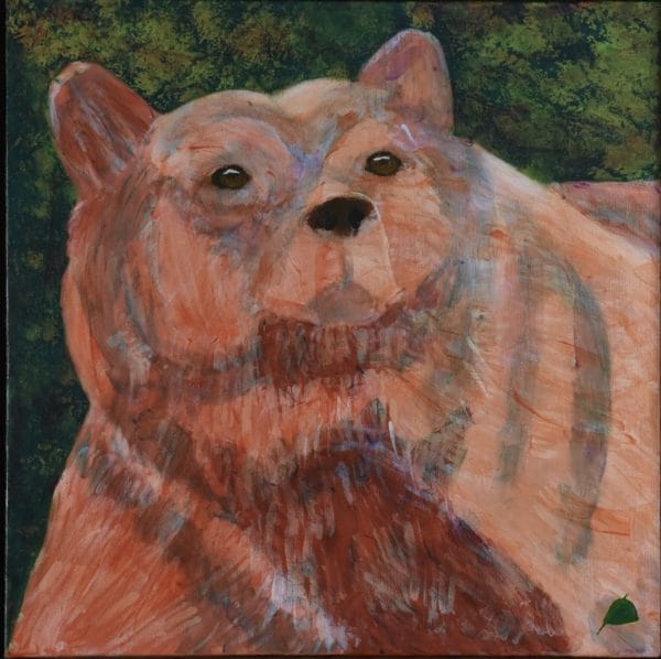 An alaskan bear with massive shoulders and neck walks on the shoreline. Mountain. Orange, Green. Large Painting by artist Donald Ryker in textured expressionist impressionist art style with unique impasto glaze technique.