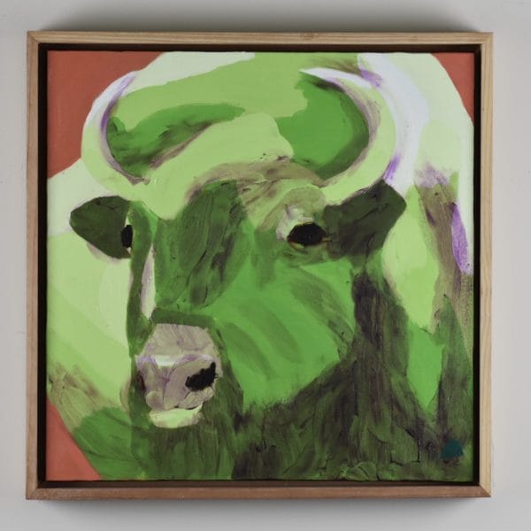 Framed view of A green buffalo with curved horns lifts his head alertly. Terra cotta background. Large Painting by artist Donald Ryker in textured expressionist impressionist art style with unique impasto glaze technique.