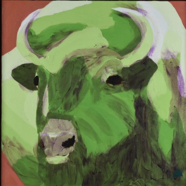 A green buffalo with curved horns lifts his head alertly. Terra cotta background. Large Painting by artist Donald Ryker in textured expressionist impressionist art style with unique impasto glaze technique.