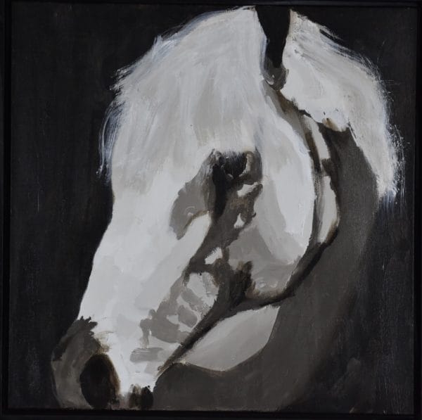 Light falls gently on the profile of a beautiful white horse in shadow. Taupe and white. Large Painting by artist Donald Ryker in textured expressionist impressionist art style with unique impasto glaze technique.