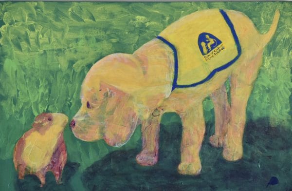 A Future service dog puppy meeting a guinea pig on the grass. Gold, Peach, Lavender, green, yellow. Large Painting by artist Donald Ryker in textured expressionist impressionist art style with unique impasto glaze technique.