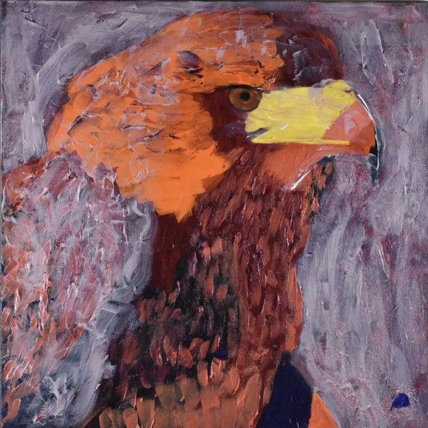 A stern looking orange toned Hawk in profile with mists swirling about. Mountain. Orange, red, yellow. Large Painting by artist Donald Ryker in textured expressionist impressionist art style with unique impasto glaze technique.