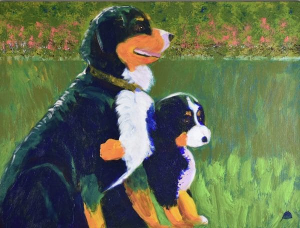 A Bernese mountain dog puppy and adult sit on a grassy lawn with impressionist coral flowers in the background. Blue, Orange, White, Green, Yellow. Large Painting by artist Donald Ryker in textured expressionist impressionist art style with unique impasto glaze technique.