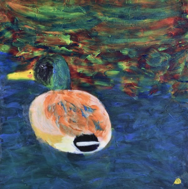 A single duck paddles near a multi-colored lake shore. Mountain Forest. Pinetop, AZ. Blue, peach, multi-colored. Large Painting by artist Donald Ryker in textured expressionist impressionist art style with unique impasto glaze technique.