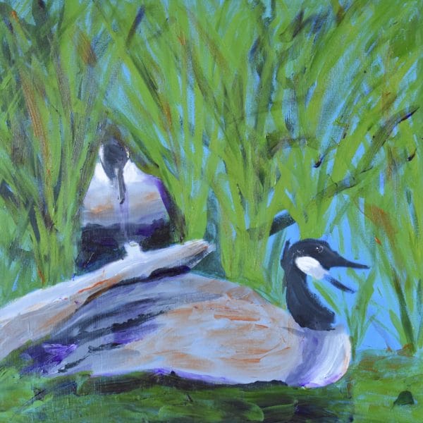 Reeds and driftwood beside the lake provide a safe resting place for two geese. Mountain Woodland. Pinetop, AZ. Blue, green, gray. Large Painting by artist Donald Ryker in textured expressionist impressionist art style with unique impasto glaze technique.