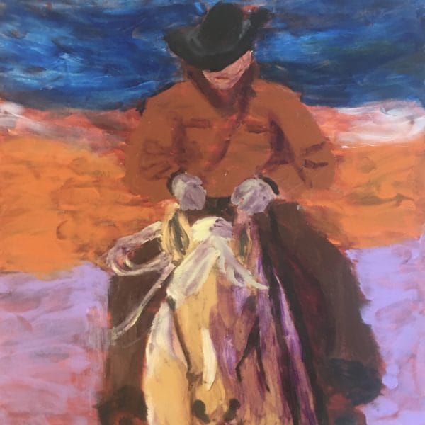 A horse and rider return home after a long day. Western. Blue, orange, lavender, Burnt Sienna. A Large painting by artist Donald Ryker in expressionist impressionist style with unique impasto glaze technique.